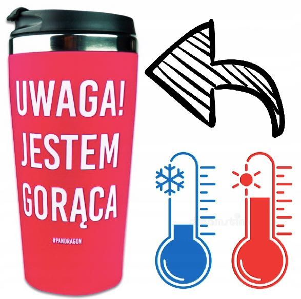 KUBEK TERMICZNY termos butelka "UWAGA JESTEM GORĄCA" gotowy prezent