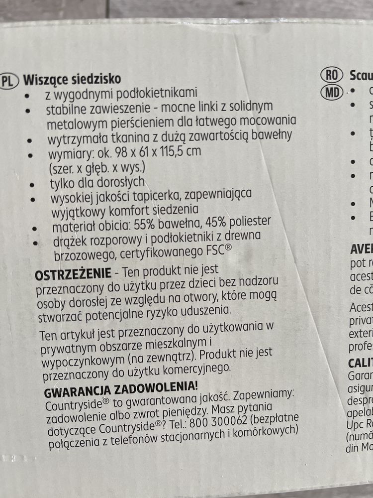 Wiszące siedzisko do 110kg z wygodnymi podłokietnikami!
