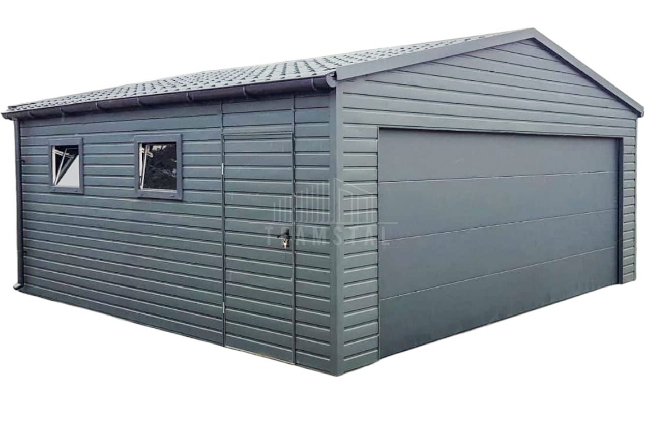 Garaż blaszany 6x6m Brama segmentowa 2x okno rynny blachodach TS755