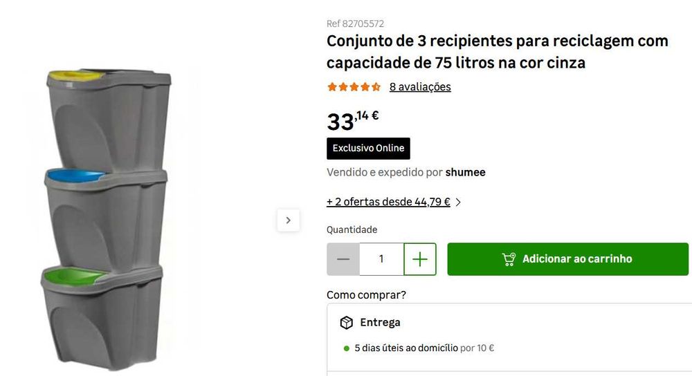Conjunto de caixotes para reciclagem com capacidade de 75 litros