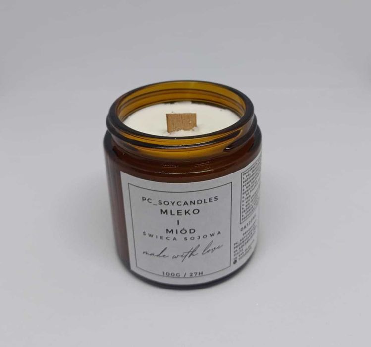 Świeca Sojowa Zapachowa Mleko i Miód 120ml 27h Drewniany Knot