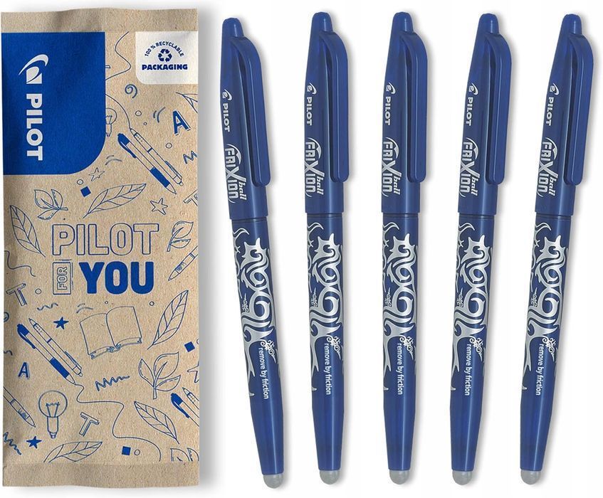 zestaw pen frixion ball pióro kulkowe 5 sztuk niebieskie z gumką
