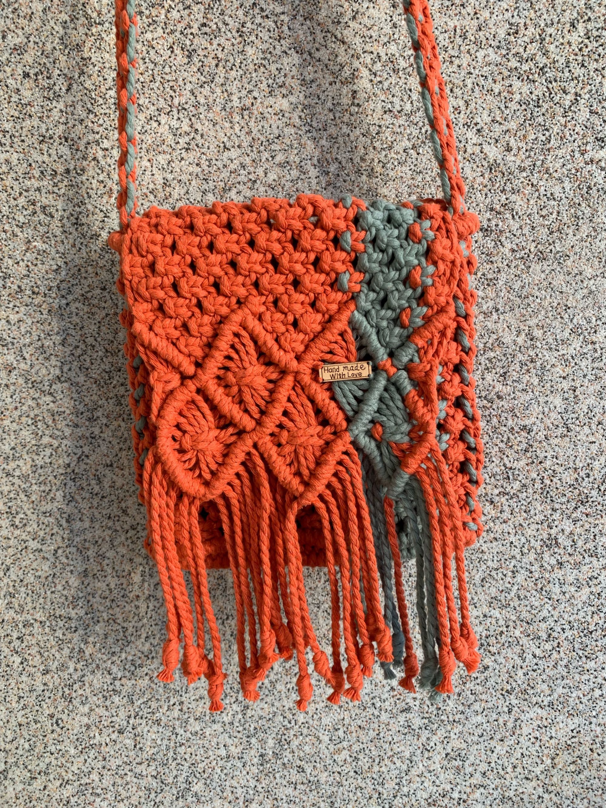 Torba na Halloween, torebka handmade Ukraina, makramy, pomarańczowa