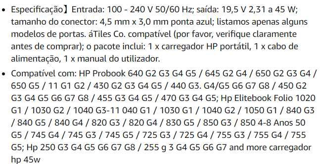 Carregador portátil modelo Chargeur HP 45W (novo)