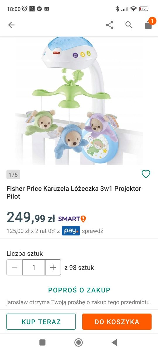 Projektor gwiazd Fisher Price z pilotem, karuzela do łóżeczka, usypiac