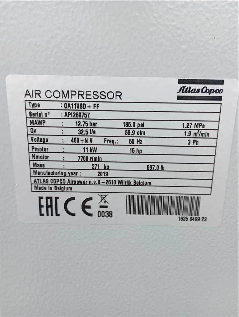 Sprężarka śrubowa,kompresor Atlas Copco GA11VSDFF PLUS, 11KW,S013928