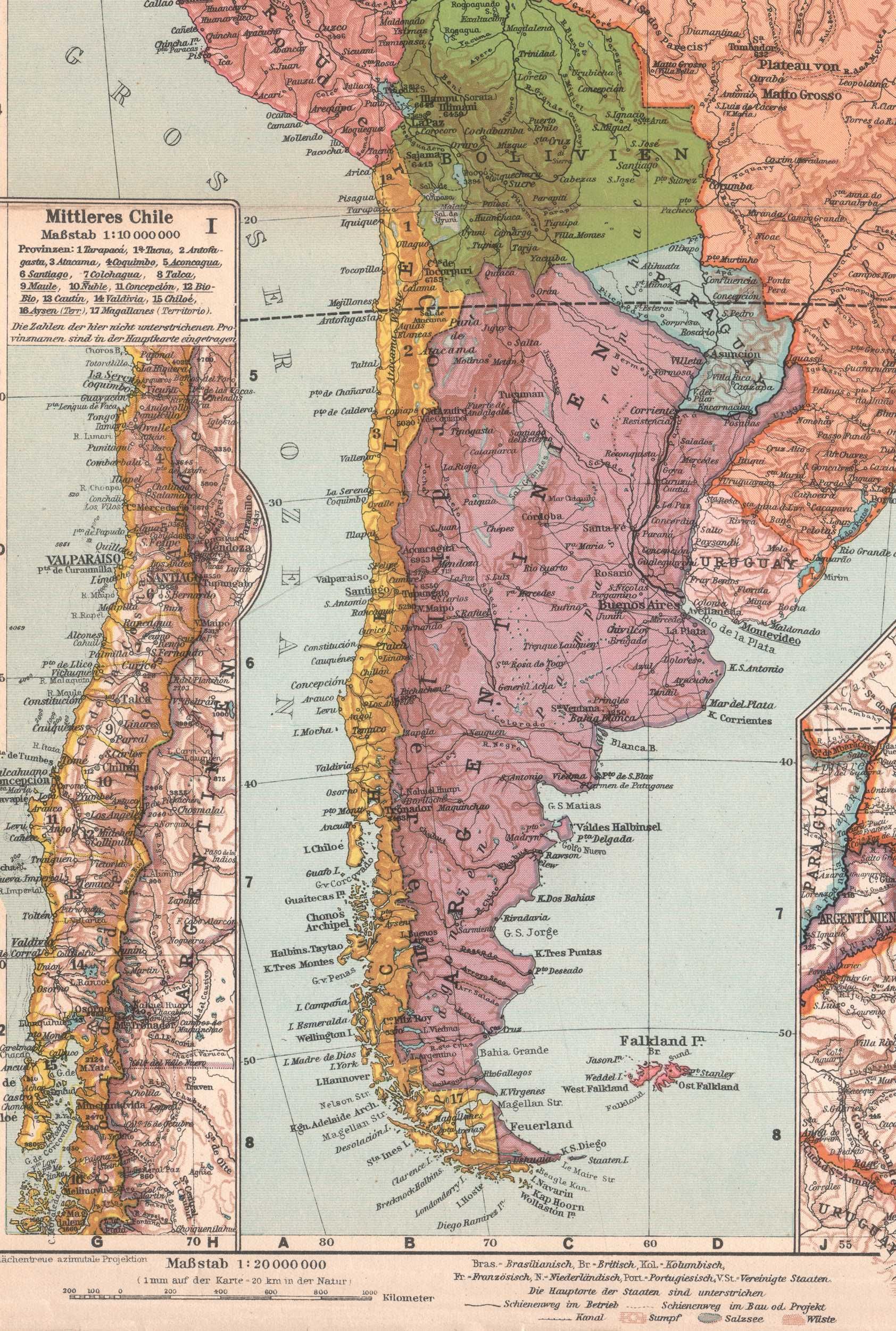 Ameryka Południowa. Stara mapa 1935 r. autentyk