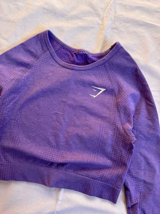 Fioletowy komplet sportowy Gymshark seamless legginsy i crop top xs 34