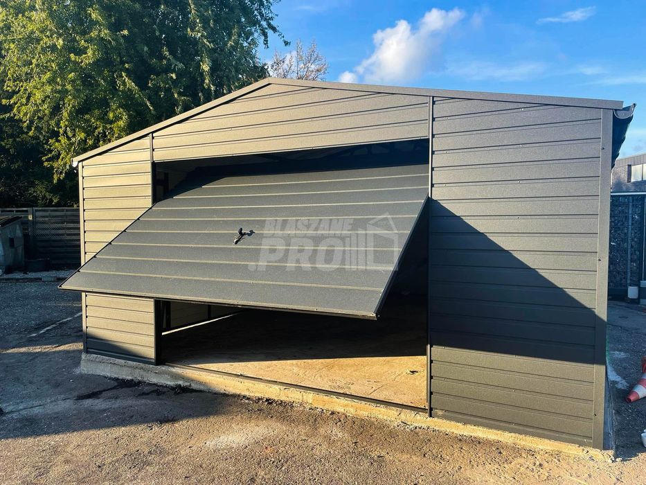 Garaż blaszany 5x7 Brama + drzwi  Antracyt  Dach dwuspadowy GP106