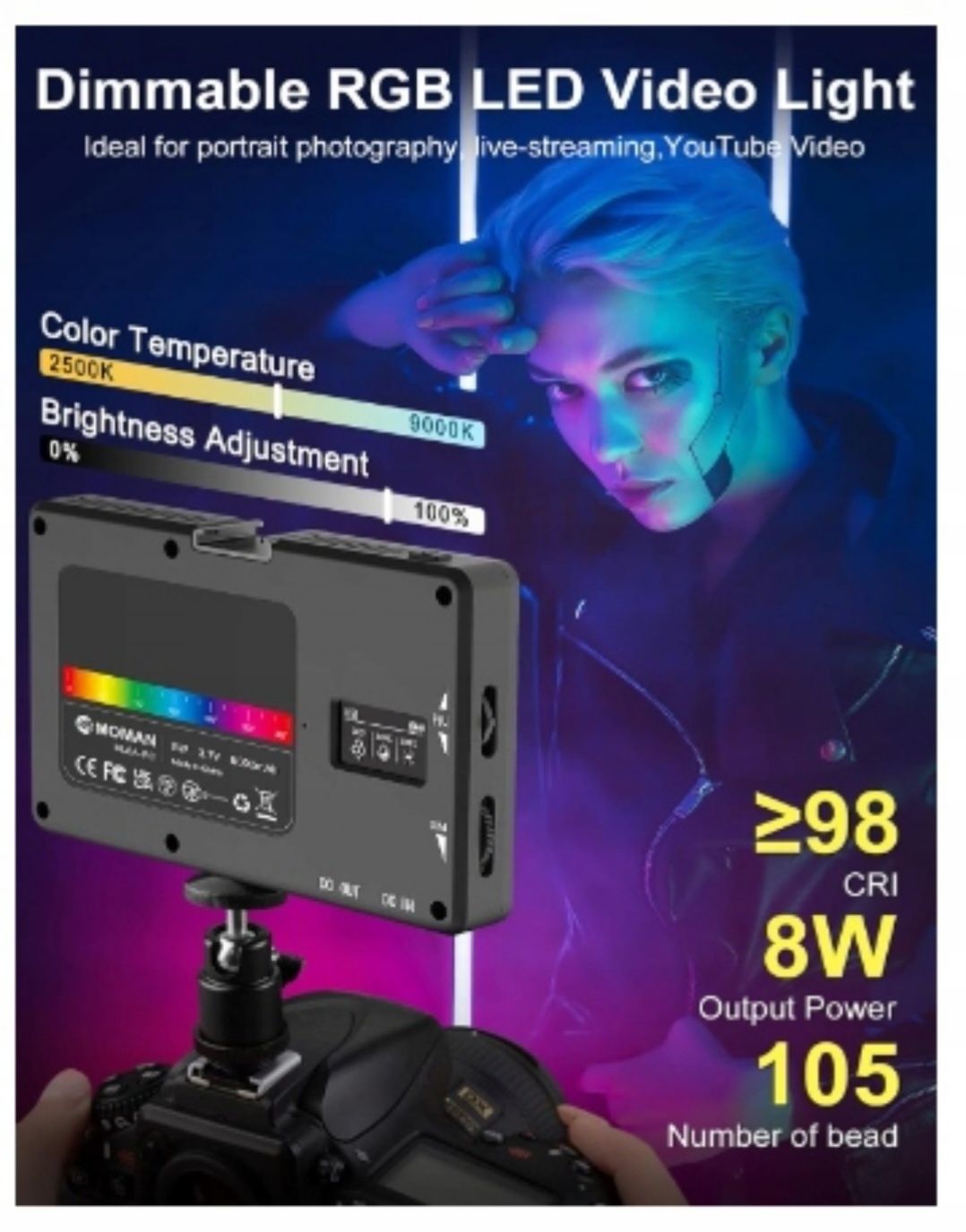 MOMAN Lampa LED RGB ML8A-RC 8W do aparatu