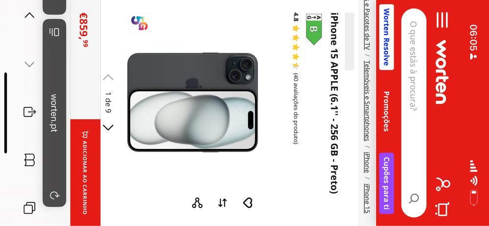 Iphone 15 novo 256gb 750€