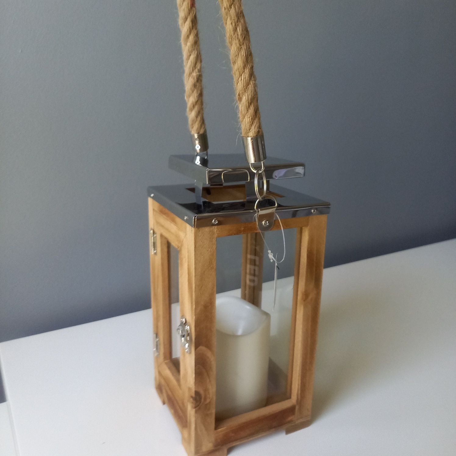 Lampion latarnia drewno, metal srebrny LED