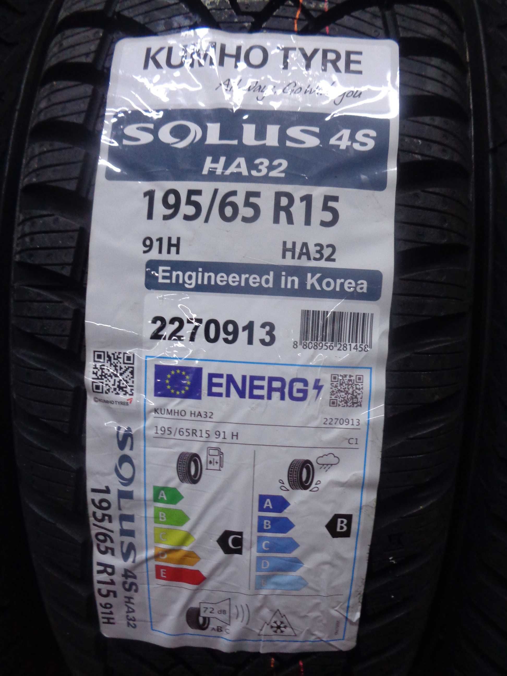 195/65R15 KUMHO Solus 4S HA32 , Nowe Opony Całoroczne , ADAC Ranking