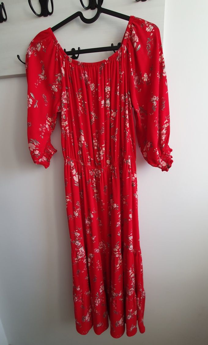 Nowa długa czerwona sukienka h&m 36 s kwiaty wiskoza