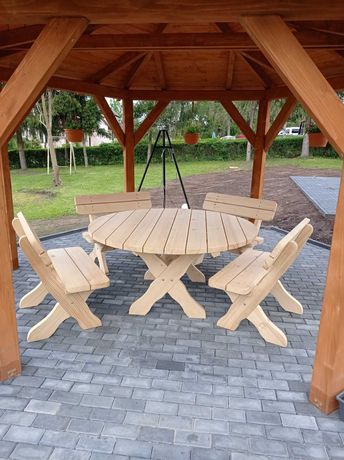 Drewniane meble ogrodowe stół ławki KOMPLET OKRĄGŁY