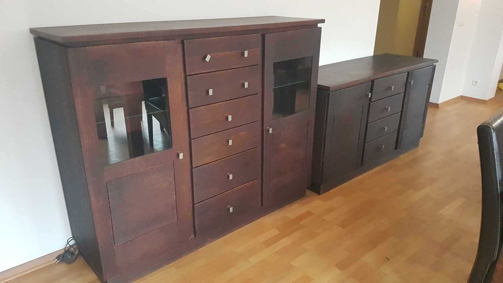 Solidne meble drewniane do salonu zestaw 2 x komoda stół krzesła ława