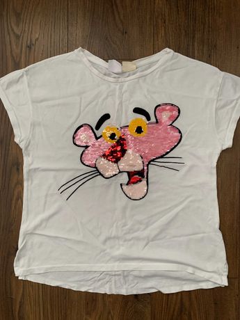 Zara biały T-shirt bluzka Różowa Pantera 152 cekiny