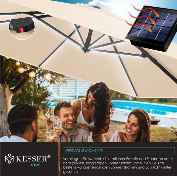 Parasol ogrodowy z oświetleniem LED 300x300x235cm UV obrotowy beżowy