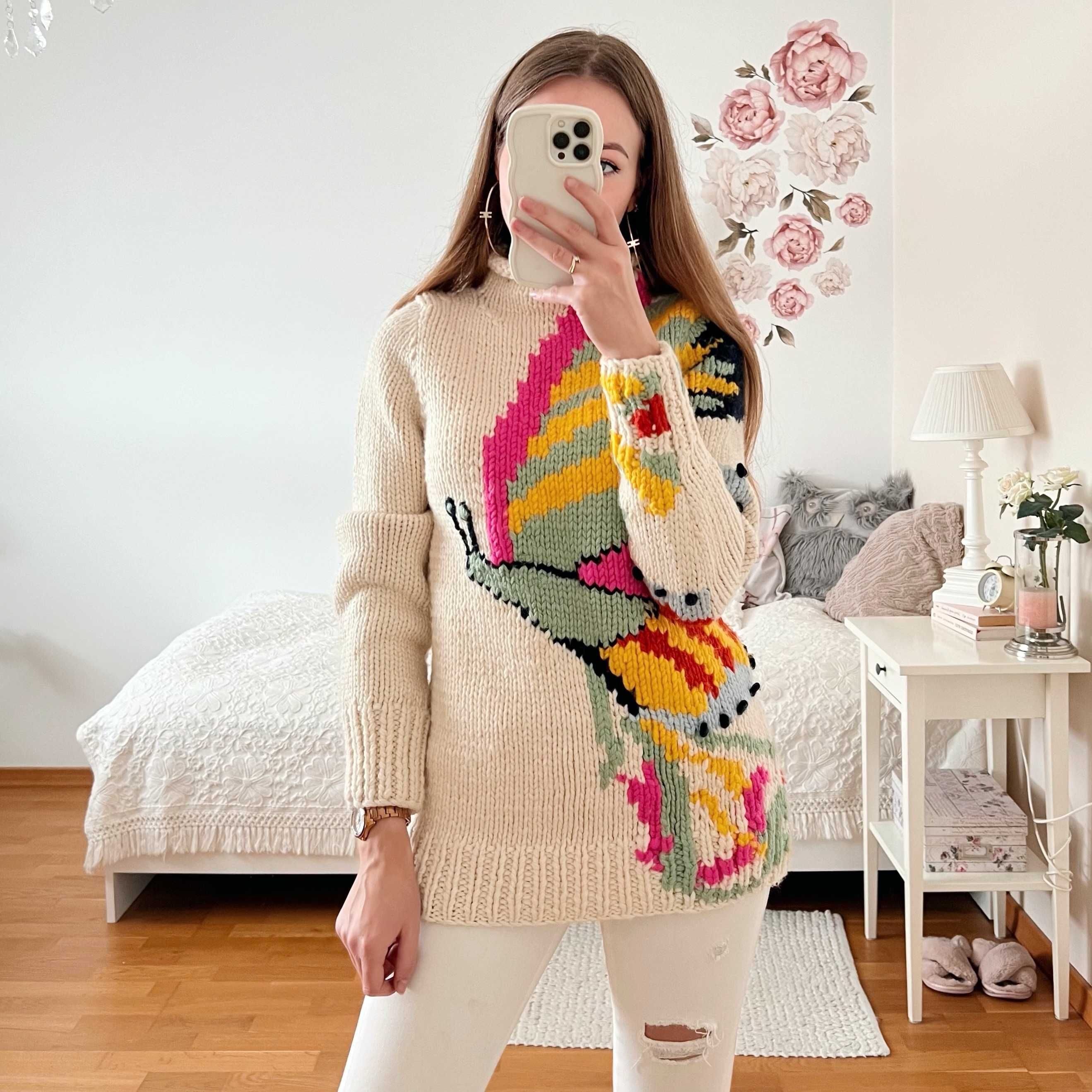 Ręcznie pleciony sweter TORY BURCH 100% wełna XXS-S brunello handmade