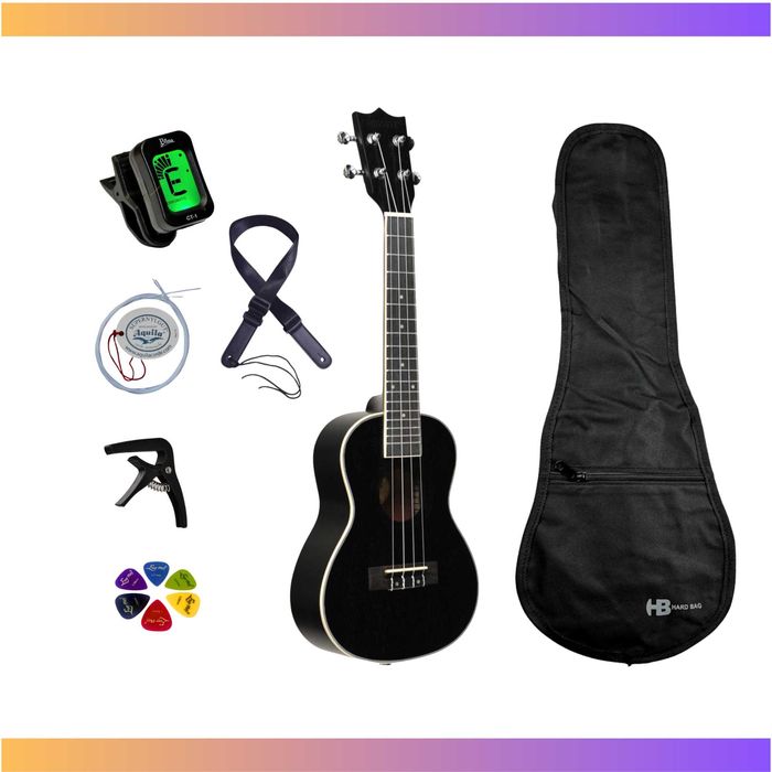 Ukulele koncertowe Segovia SE-10C czarne, Zestaw XXL, 2 lata gwarancji