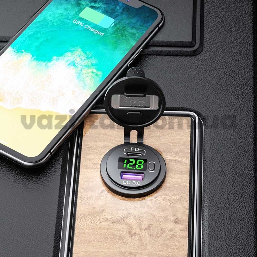 USB розетка + вольтметр QC 3.0USB + PD Type-C 12В-24В быстрая зарядка