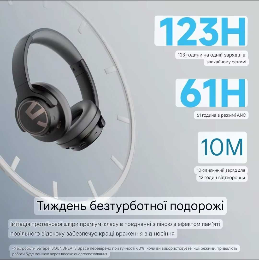 SoundPEATS Space Bluetooth 5.3 Бездротові з ANC ENC 40 мм Black
