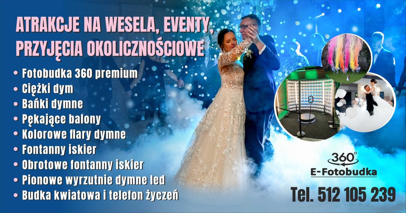 Fotobudka 360, ciężki dym, fontanny iskier, kolorowe dymy, wiatraki