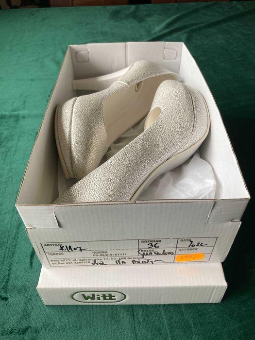 Nowe buty, czółenka srebrne, r. 36, wys. 10 cm, wyprzedaż