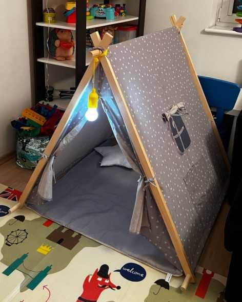 Namiot Tipi dla Dzieci Szary we Wzory 2 Poduszki Oświetlenie Led