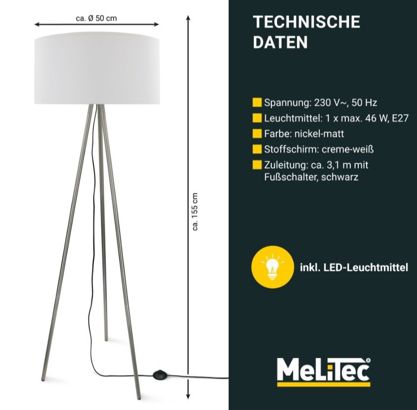Lampa stojąca podłogowa trójnóg srebna klosz biały 50 cm
