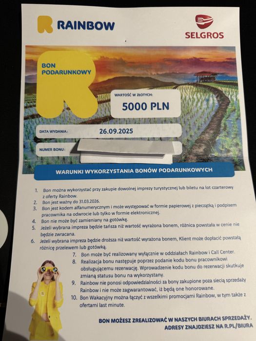 Bon podarunkowy Rainbow na kwote 5000zł
