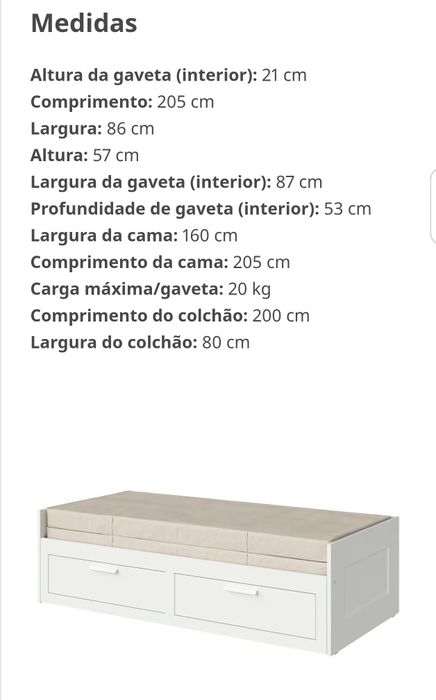 Cama 80x200cm individual ou dupla com 2 gavetões