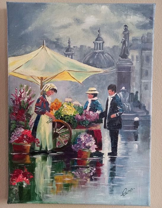 Obraz olejny malowany ręcznie na płótnie, kobieta sprzedająca kwiaty