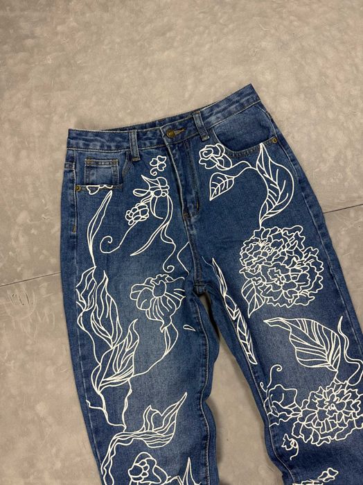 Spodnie jeansowe z retro nadrukami baggy y2k denim (S)