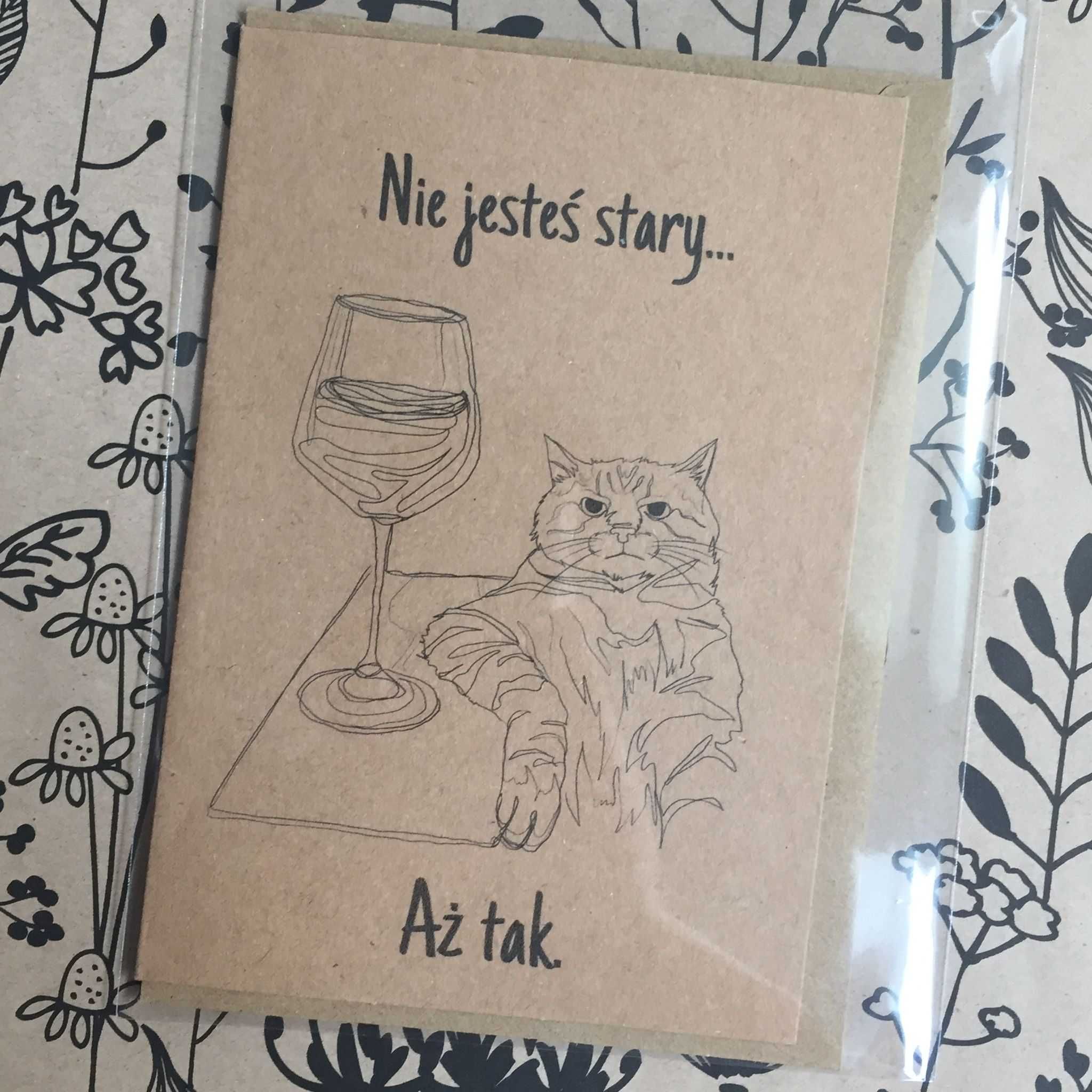 Kartka okolicznościowa urodzinowa na prezent kot i wino