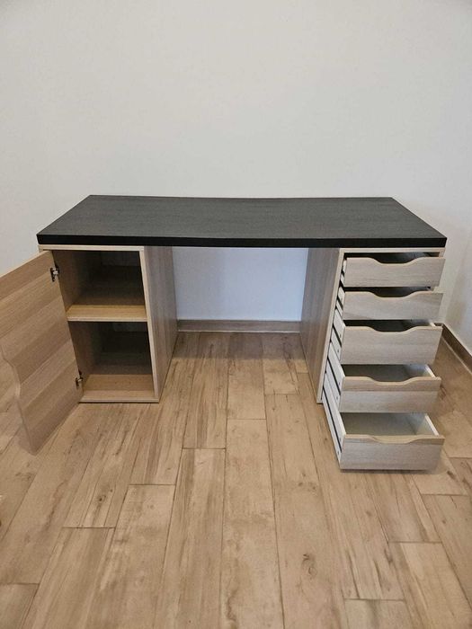 Secretária, ef carvalho c/velatura branca e preto-castanho, 140x60 cm