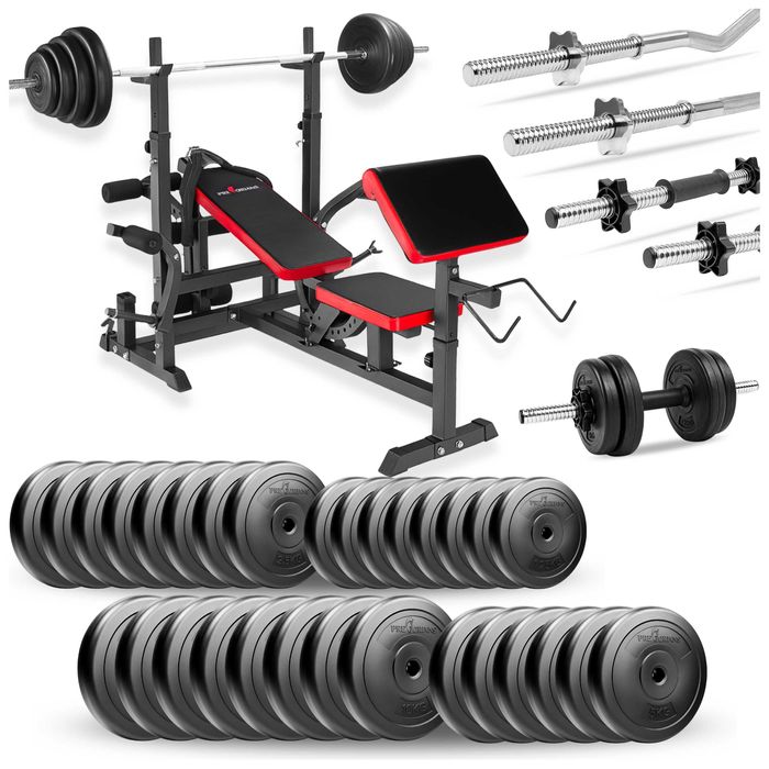 Zestaw kulturystyczny 195kg ławka do ćwiczeń komplet gryfów obciążenia