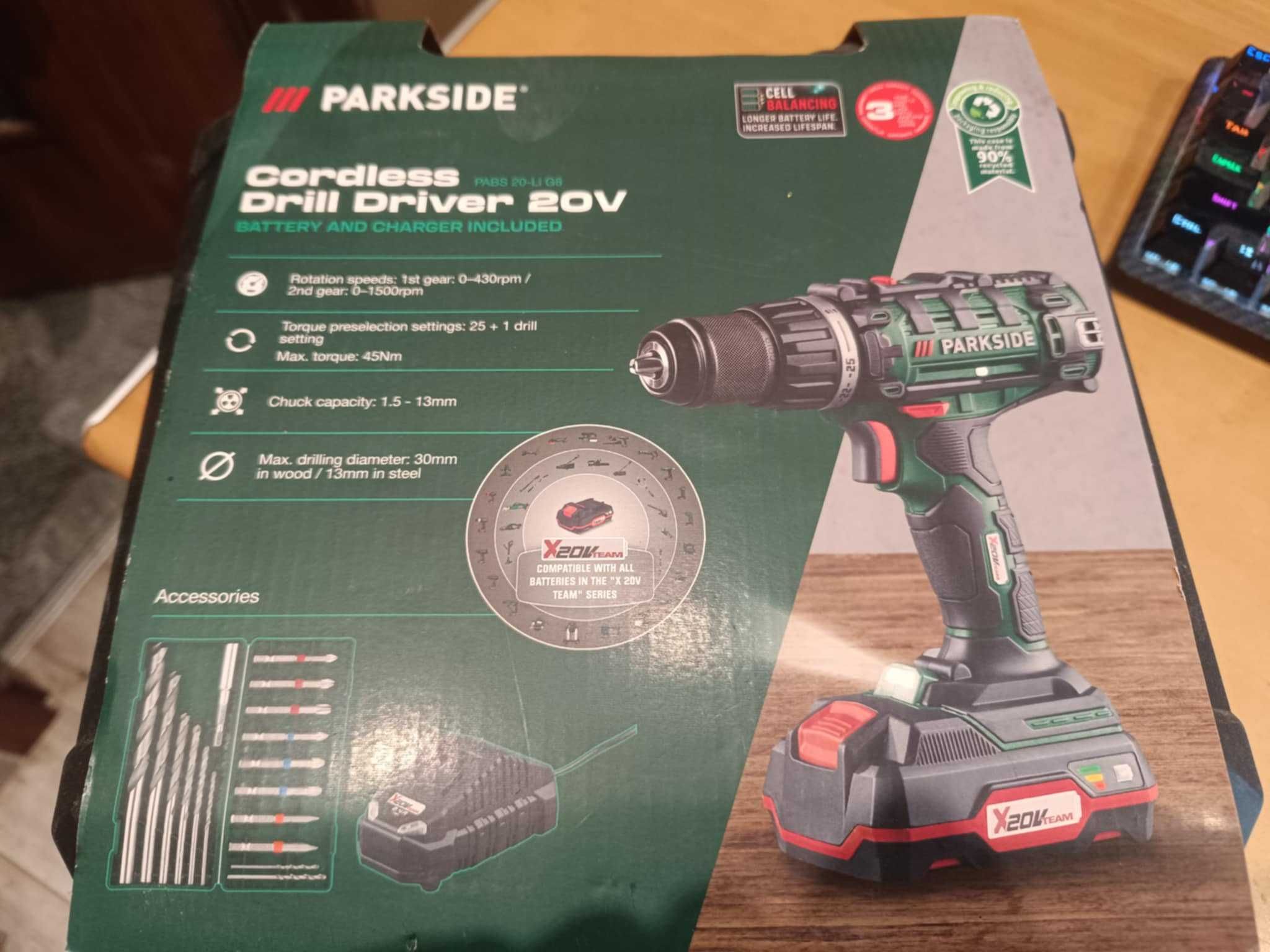 PARKSIDE® Wiertarkowkrętarka akumulatorowa PABS 20 Li G8, 20 V