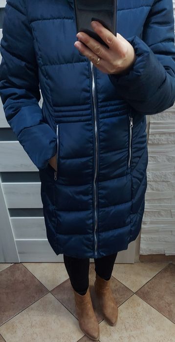 Kurtka zimowa pikowana płaszcz, granatowa z futerkiem pepco r. 164