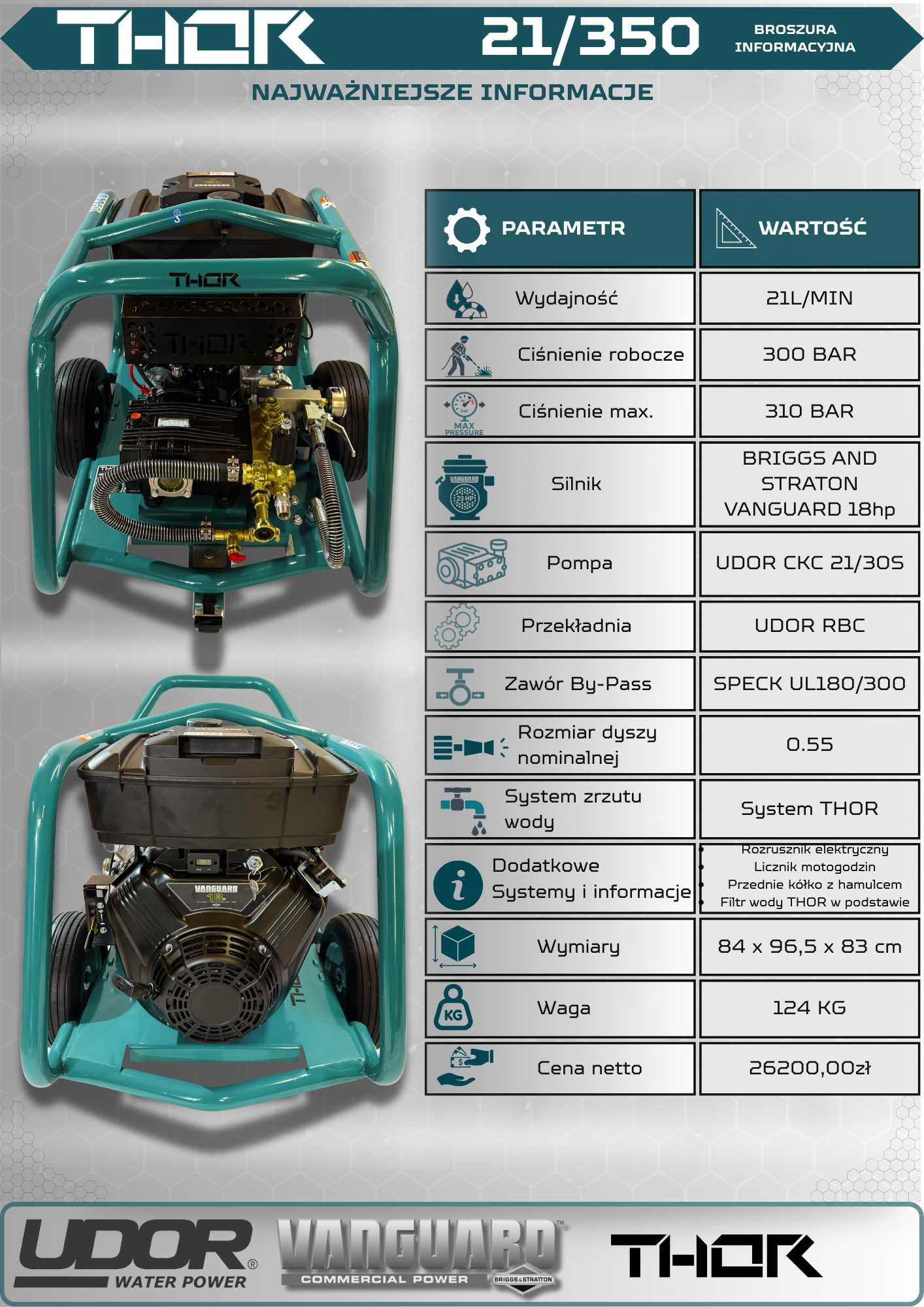 Myjka ciśnieniowa THOR 21/300 – 21L/min 300 bar *Vanguard 18KM*UDOR*