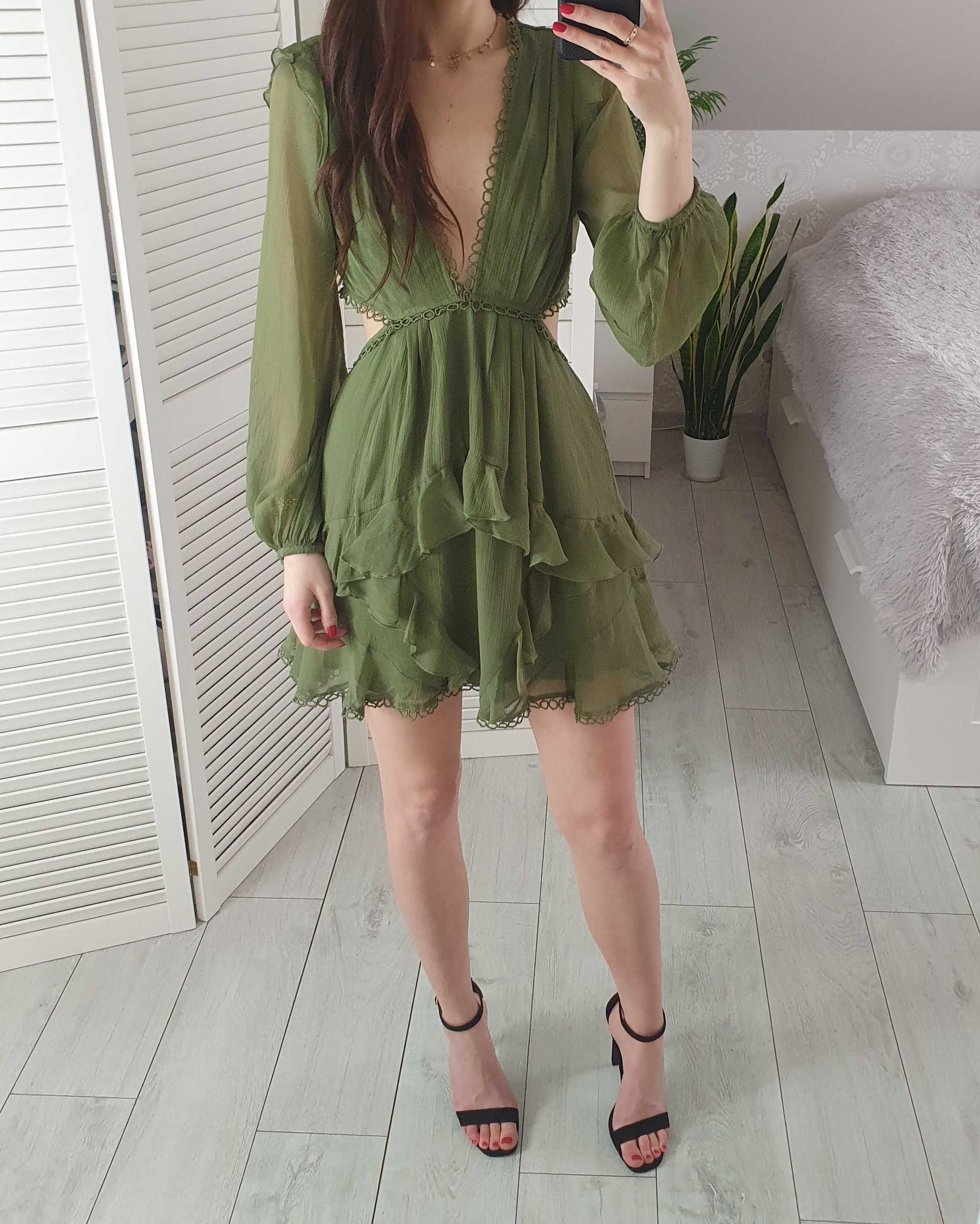 Asos szyfonowa khaki krótka sukienka wycięciem na plecach dekoltem 34
