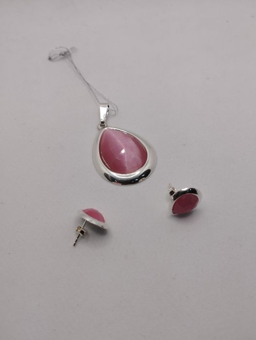 Srebrny komplet z różowym kamieniem, próba 925