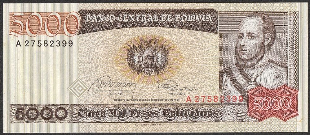 Boliwia 5000 pesos bolivianos 1984 - stan bankowy UNC