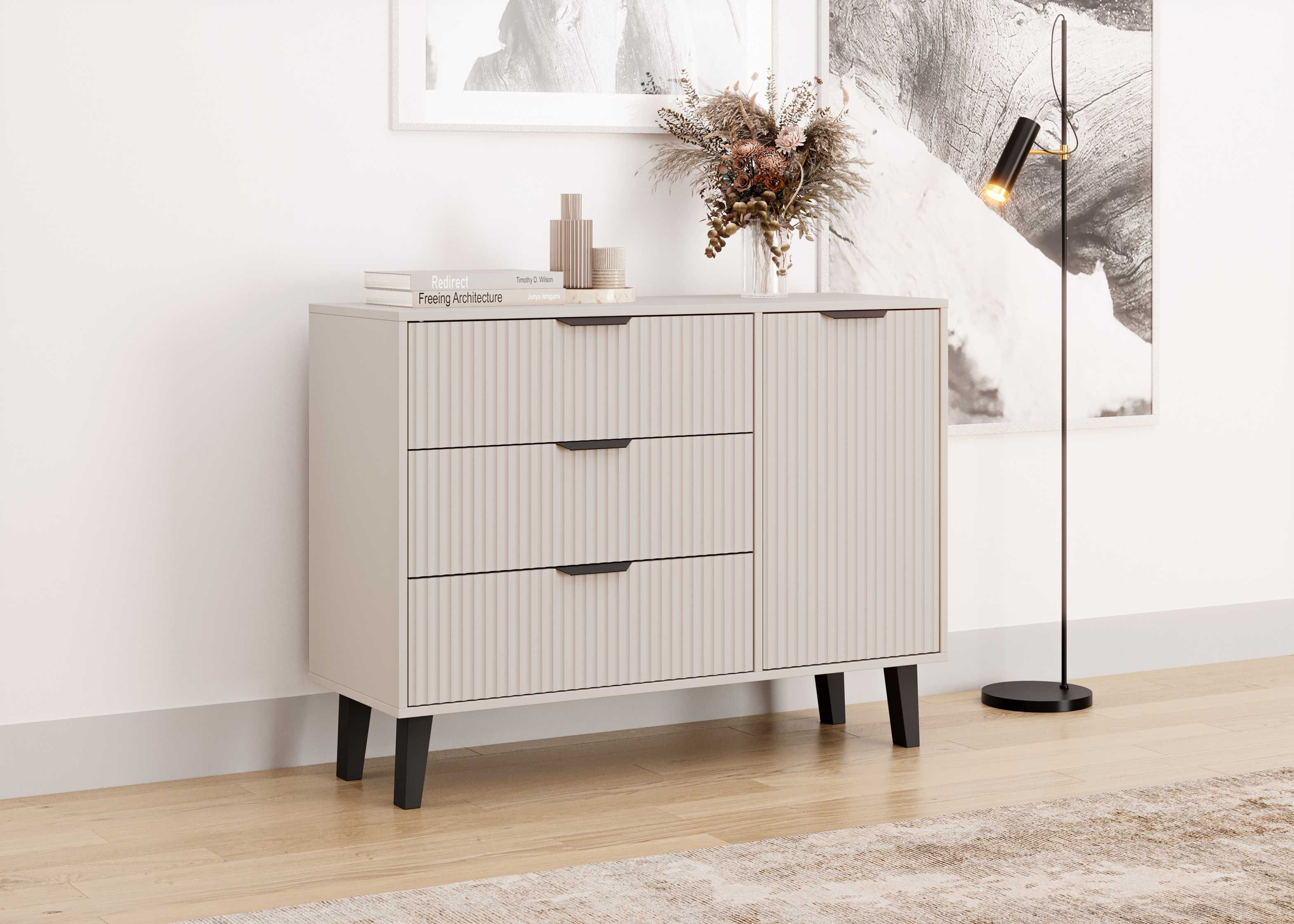 Komoda SCANDI 1D3S SLIM Szafka Do Salonu Ryflowany Front RÓŻNE KOLORY