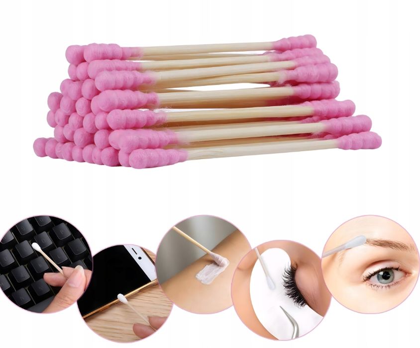 Higieniczne Patyczki Do Uszu 100 Sztuk Drewniane Kosmetyczne Różowe