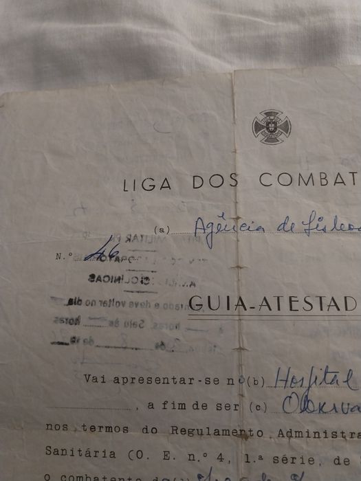 Liga dos combatentes -Guia atestado -combatente da Grande Guerra