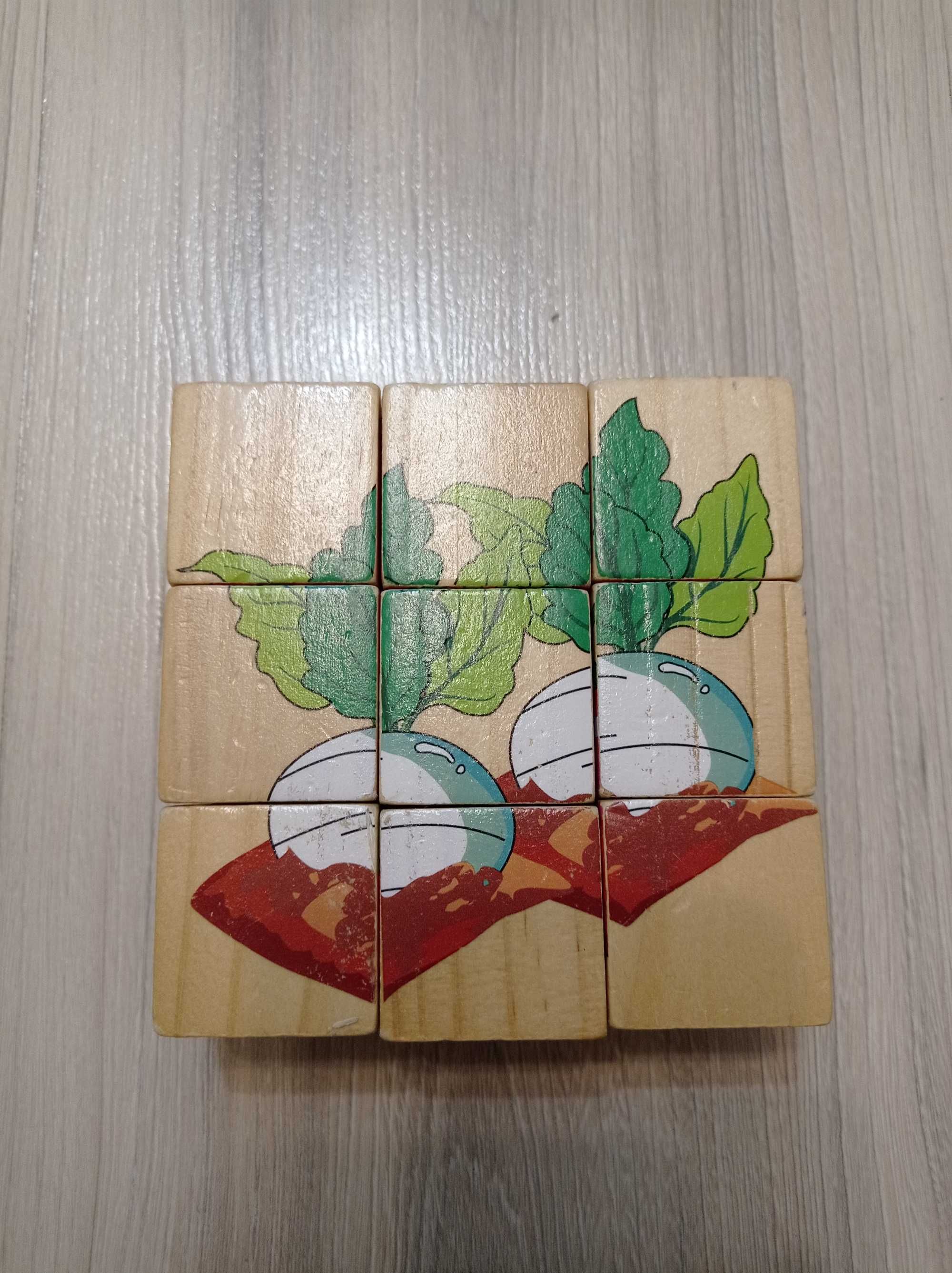Puzzle, klocki drewniane, 6 obrazków, 9 elementów, warzywa