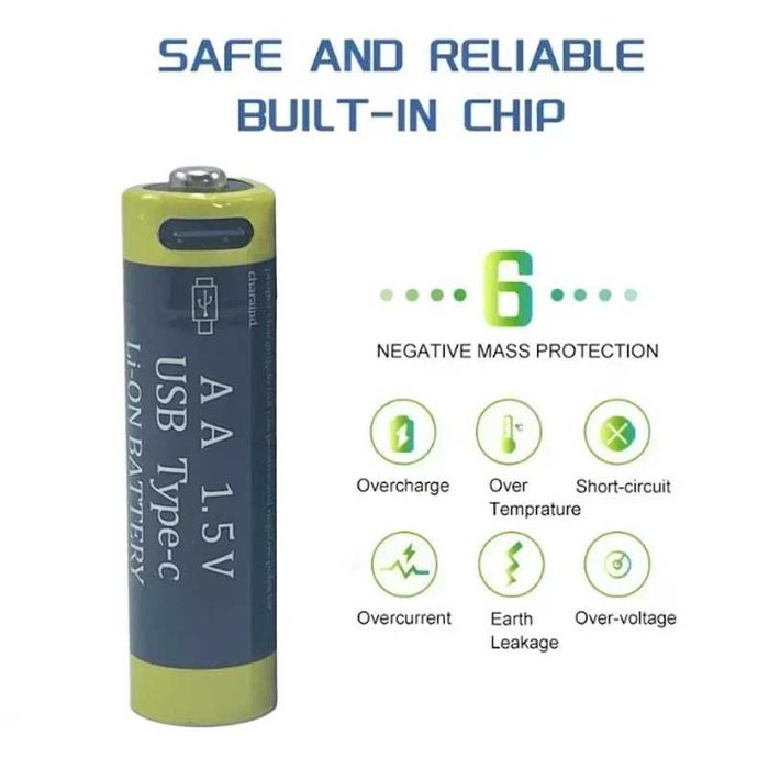 Аккумуляторы 2 шт АА 1,5В 4000мВч с USB Type-C и забудьте о батарейках