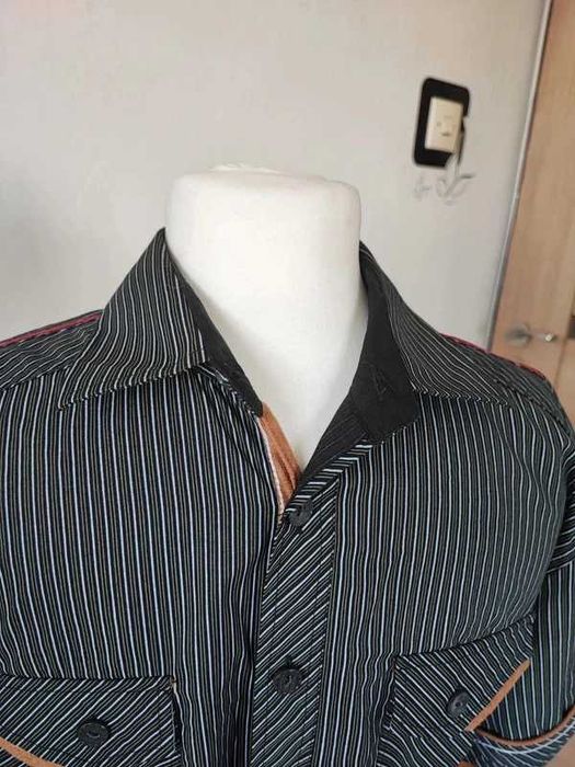 Koszula męska w paski, skórzane wstawki, krótki rękaw, r. l