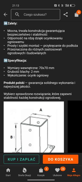 Kotwa, podstawa słupa przykręcana do betonu ocynk ogniowy 70x70mm